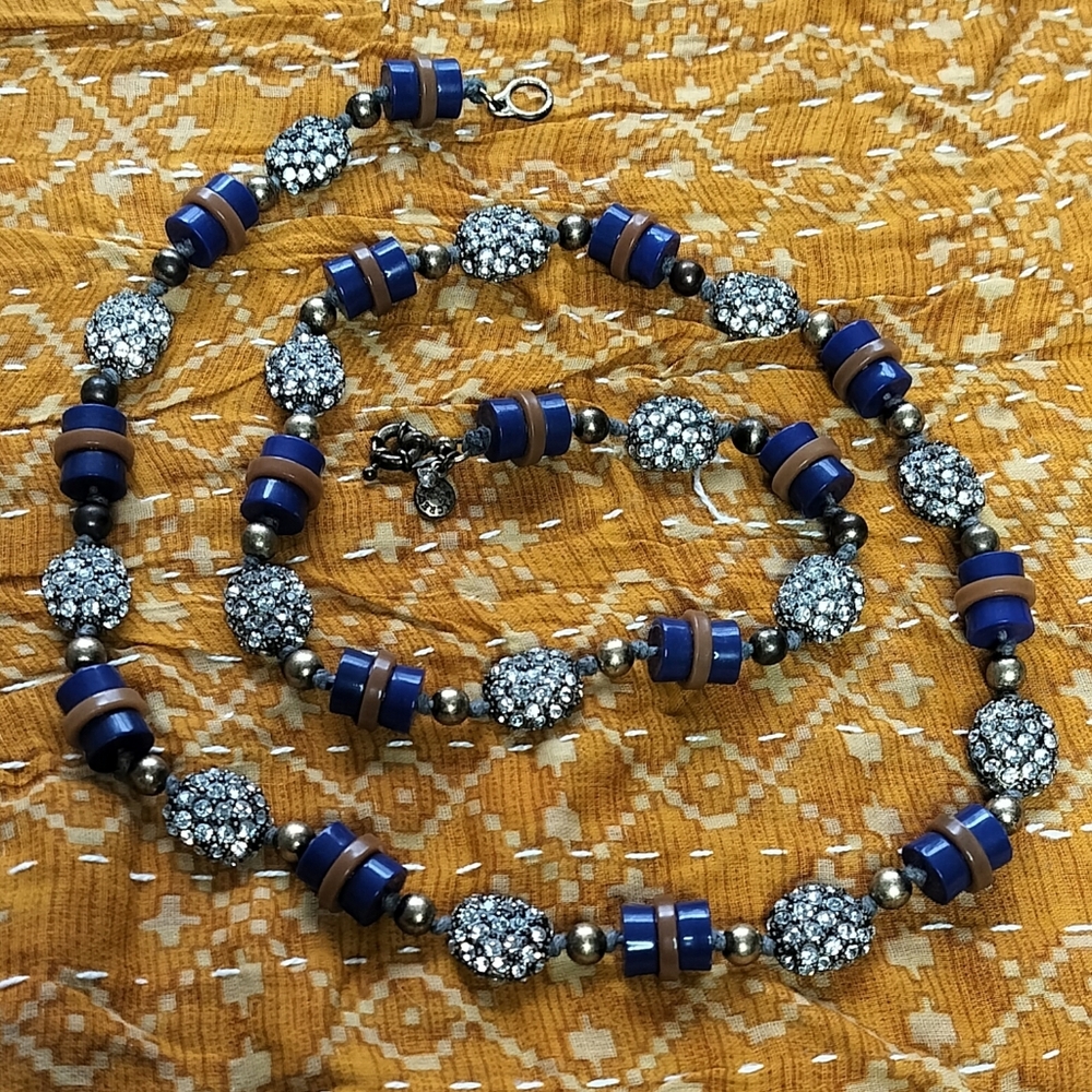 J. Crew Necklace Rhinestones & Acrylic Beads, Blue, Camel, Clear Crystal 30"